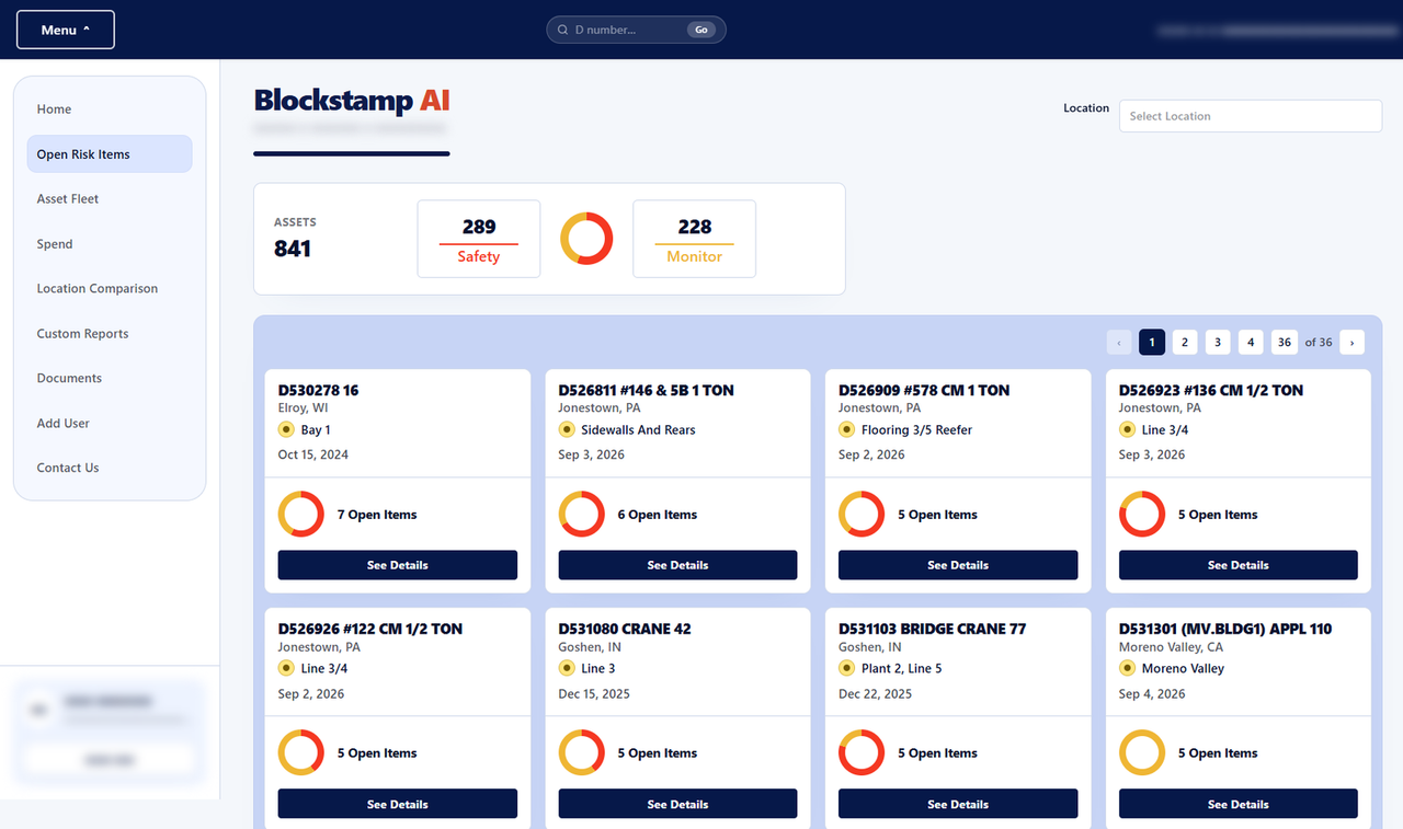 Blockstamp AI portal, Open Risk Items: 841 assets with 289 safety and 228 monitor items, beside the side menu, above a grid of asset cards showing each unit, site, area, last inspection date and open item count.